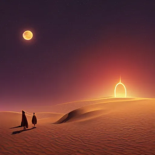 Image similar to midnight dunes of Arabia, the moon hanging in a starry sky, artstation, felix Kelly, Darrell K Sweet, digital art, concept art, d and d art