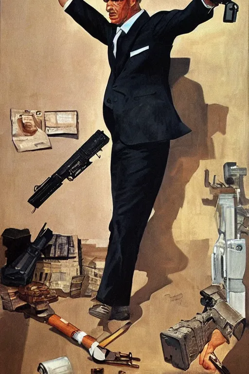 painting of james bond, pointing gun at viewer, by | Stable Diffusion ...