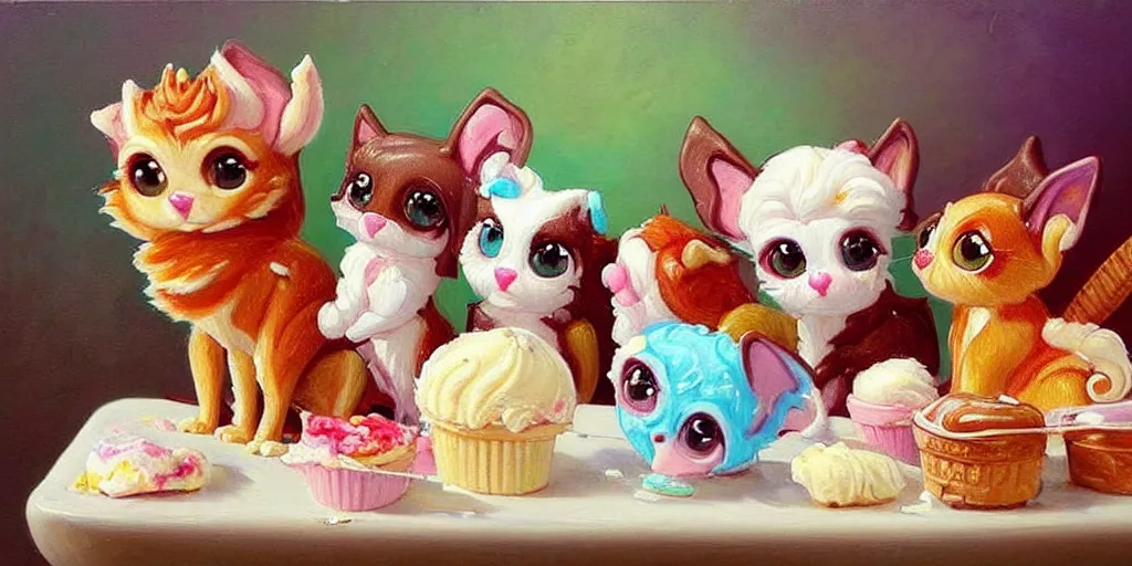 Image similar to ice cream made in the shape of 3 d littlest pet shop cats and dogs and squirrels, realistic, melting, soft painting, desserts with chocolate syrup, toppings, ice cream, master painter and art style of noel coypel, art of emile eisman - semenowsky, art of edouard bisson