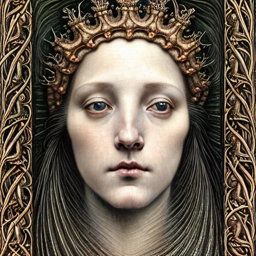 Prompt: detailed realistic beautiful young medieval queen face portrait by jean delville, gustave dore, iris van herpen and marco mazzoni, art forms of nature by ernst haeckel, art nouveau, symbolist, visionary, gothic, neo - gothic, pre - raphaelite, fractal lace, intricate alien botanicals, ai biodiversity, intricate hyper detailed ultra sharp octane render