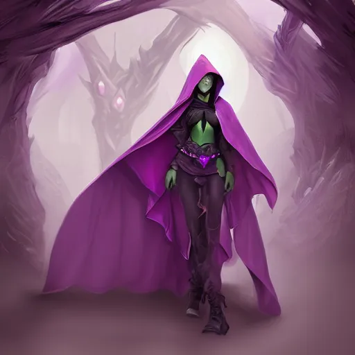 Image similar to female warlock long hood cloak purple, fighting monster with magic, 8 k, trending on artstation by tooth wu