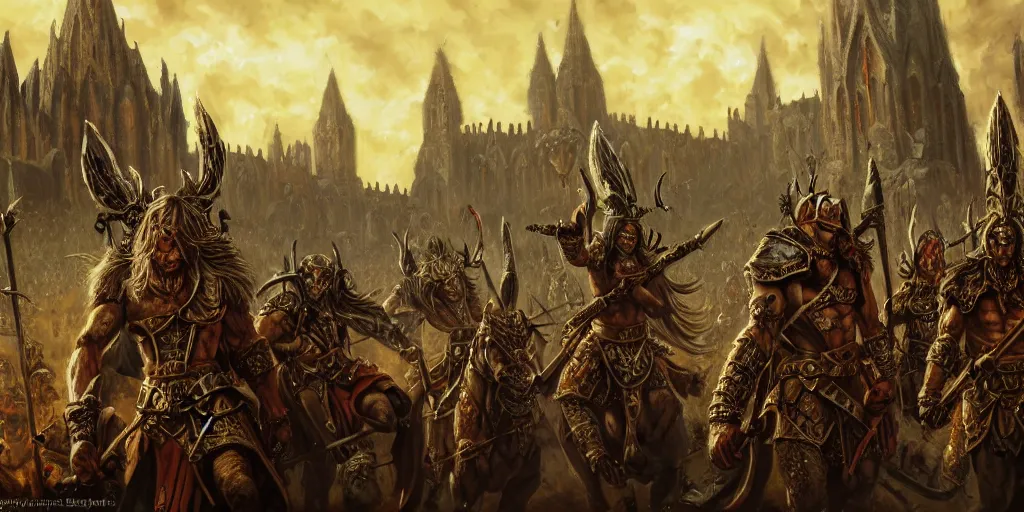 Image similar to highly detailed portrait painting of an ancient elves on hell horses war battle, abbey warhammer battle, old abbey in the background, carhedrals, giant columns, by eddie mendoza and tyler edlin, 8 k resolution