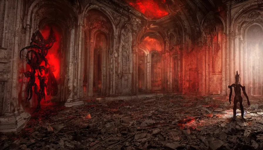 Prompt: hellspawn demonic creatures battle astaroth lovecraftian monsters, in an abandoned church in the vatican, 8 k, soft lighting, hdr, octane render, cinematic, red fluid on walls of the church, smoke, horrific, photorealistic, bokeh