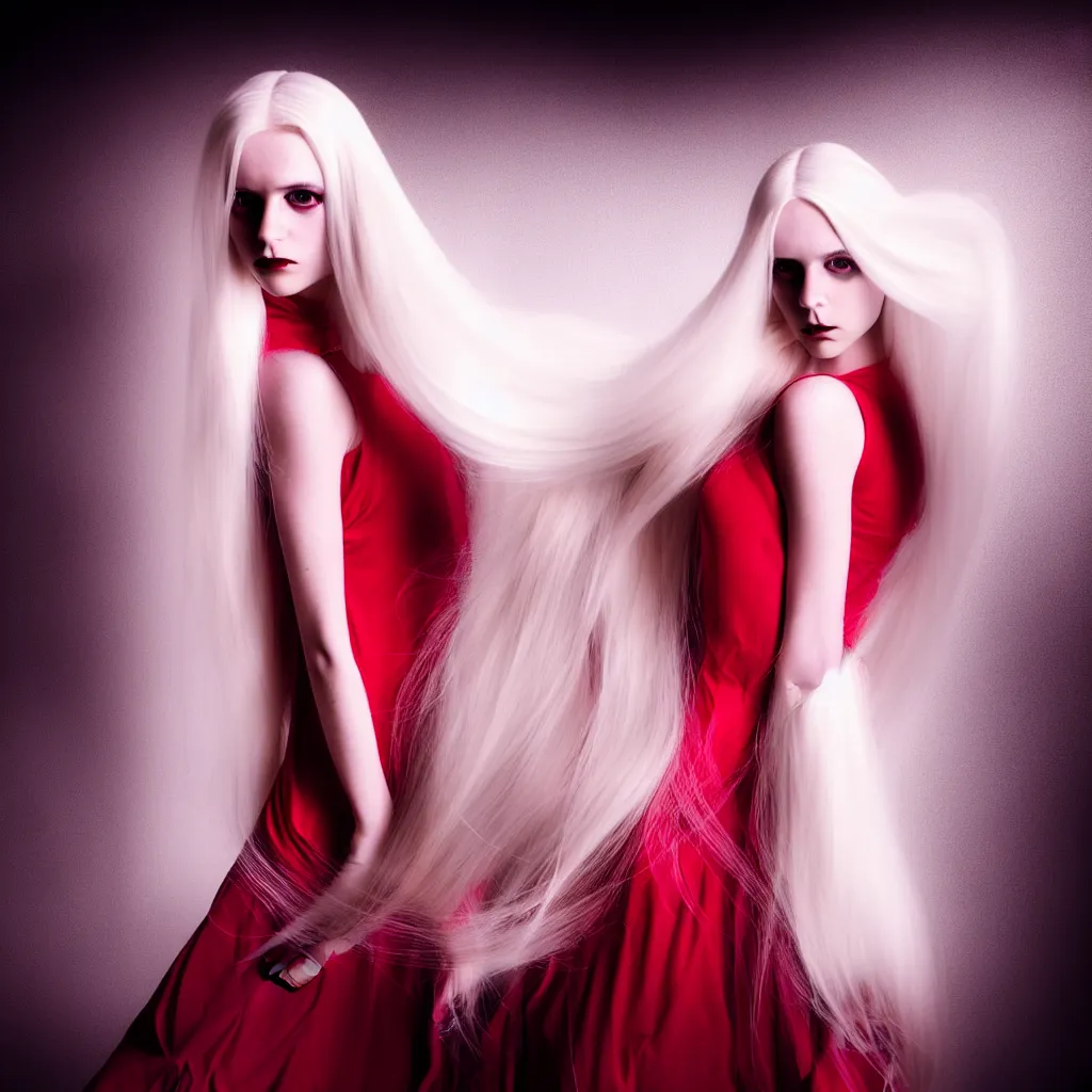 Image similar to a young woman with long blond hair dressed in long white, fine art photography light painting in style of Paolo Roversi, professional studio lighting, dark red background, hyper realistic photography, fashion magazine style