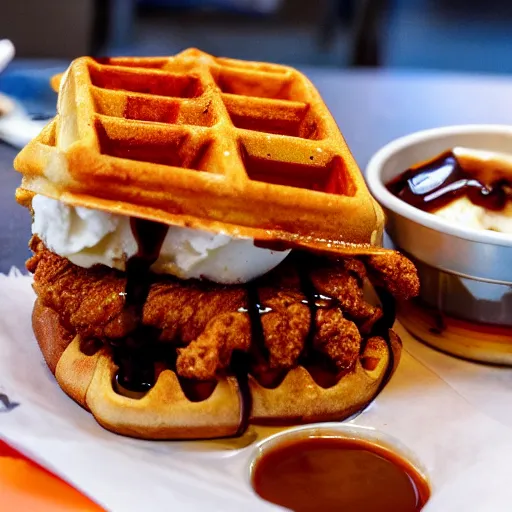 Image similar to photograph of a crispy Cajun fried chicken sandwich with Belgian Waffle Bun, maple syrup & hot fudge, ice cream on the side, 4K, HD