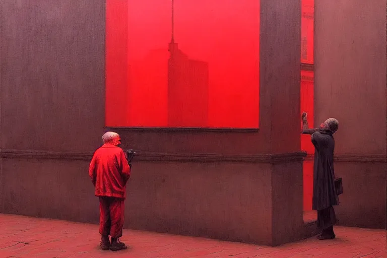 Image similar to only with red, a red old man try to sell a portrait, a crowd cheering, in a city square, in the style of beksinski, parts by edward hopper, parts by rodcenko, parts by yue minjun, intricate and epic composition, red by caravaggio, insanely quality, highly detailed, masterpiece, red light, artstation, 4 k