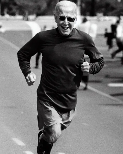 Image similar to film still close - up shot of joe biden running a marathon. photographic, photography