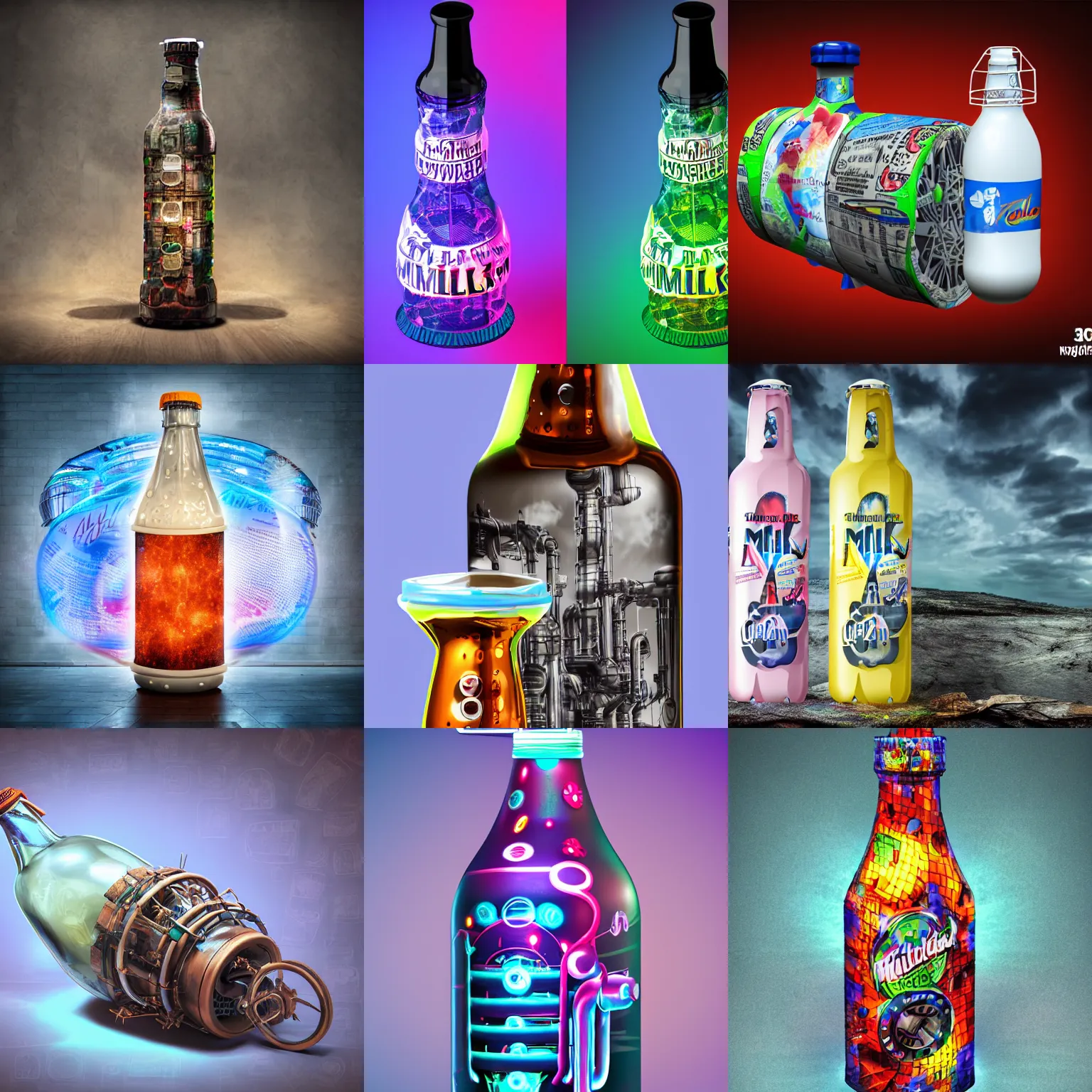 Prompt: advertise photo of a milk bottle, realistic digital art, label on the bottle is printed with a 3 d render of a huge futuristic steampunk generator, 8 k, fluorescent colors, halluzinogenic, multicolored, exaggerated detailed