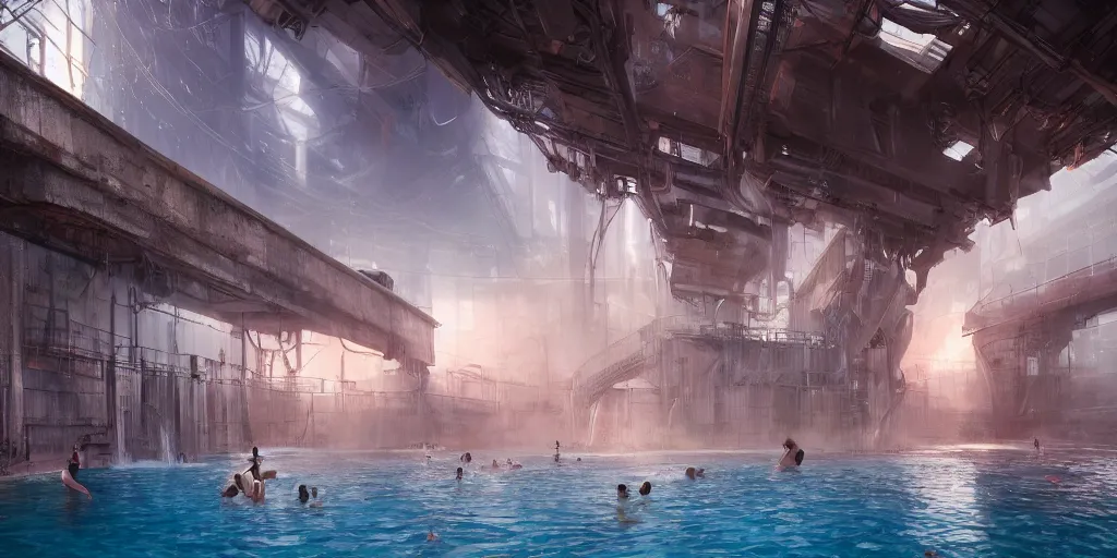 Image similar to beautiful pool waterfalls surrounded by alien robots, steel archways, industrial buildings, rusty metal towers, sun setting, ross tran, fantasy, james jean, peter morbacher, angelarium, alchemy, luxury, heavenly light, soft illumination, trending on artstation, cinematic lighting, digital painting, octane render, artgerm