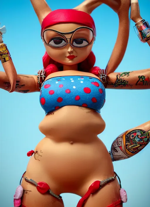Image similar to closeup of a tin toy bikini girl, depth of field, zeiss lens, detailed, symmetrical, centered, fashion photoshoot, by nicoletta ceccoli, mark ryden, lostfish, earl nore, hyung tae, frank frazetta, breathtaking, 8 k resolution, extremely detailed, beautiful, establishing shot, artistic, hyperrealistic, octane render