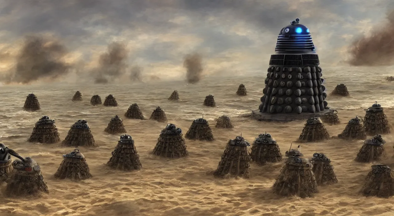 Image similar to Daleks storming Normandy beach, concept art, cinematic