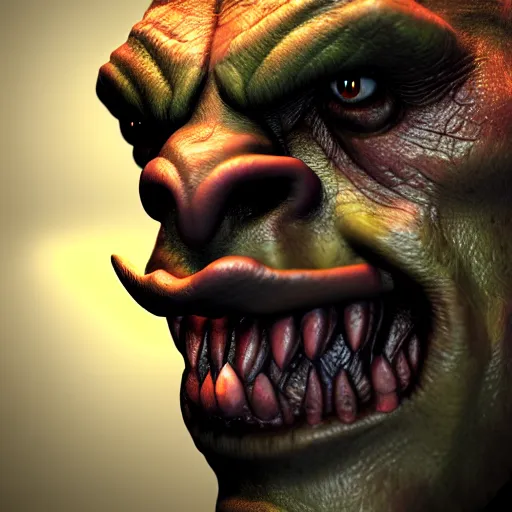 Image similar to a photorealistic portrait shot of a fantasy orc