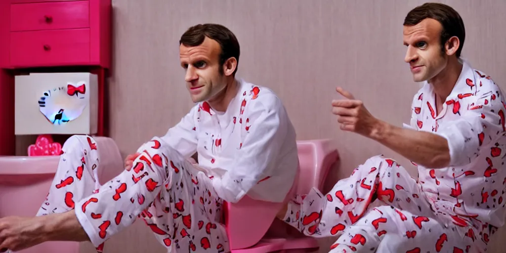 Image similar to picture of emmanuel macron sitting on a toilet, dressed in a hello kitty pajamas, photorealistic, higly detailed, 8 k