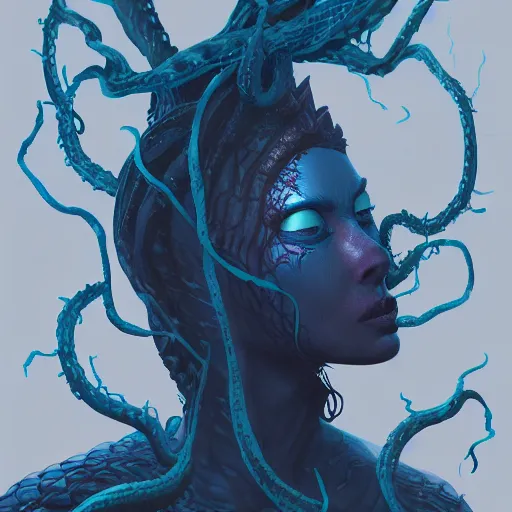 Image similar to dark queen of snakes, crown of snakes, blue skin, realism, dark fantasy, thorned vines, cgsociety, artstation