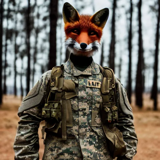 Prompt: a fox animal dressed in a modern american military soldier uniform, 8 5 mm f / 1. 4