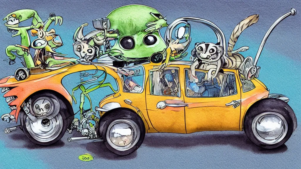 Image similar to cute and funny, racoon riding in a tiny hot rod coupe with oversized engine, ratfink style by ed roth, centered award winning watercolor pen illustration, third person isometric illustration by chihiro iwasaki, edited by range murata