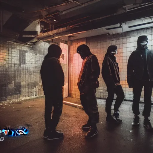 Prompt: photograph of retro techwear people loitering in the back of a busy rundown nightclub, retrofuturism, brutalism, cyberpunk, sigma 85mm f/1.4, 35mm, 4k, depth of field, high resolution, 4k, 8k, hd, highly detailed, full color