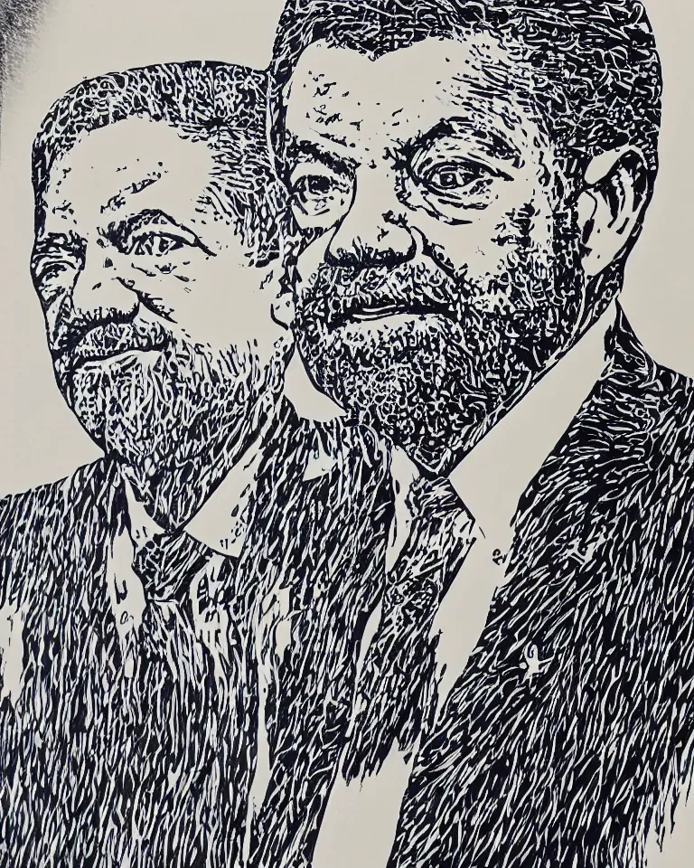 Image similar to a detailed lifelike linocut engraving of president lula