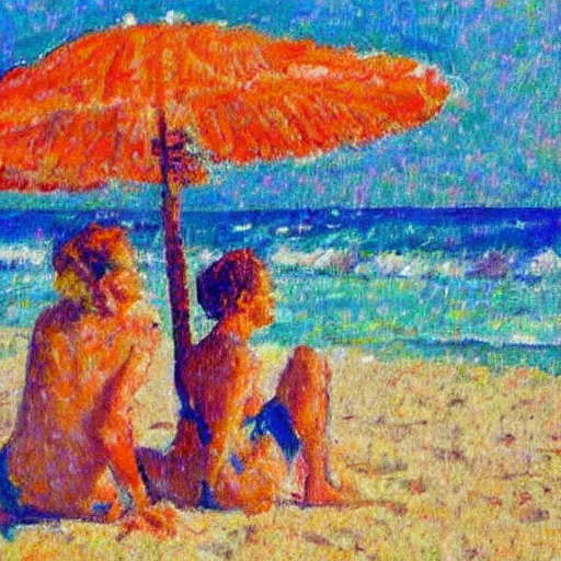 Prompt: happy life on the beach in Post-Impressionism style