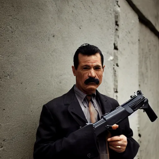 Image similar to closeup portrait of a mobster with an uzi in a smoky new york back street , by Steve McCurry and David Lazar, natural light, detailed face, CANON Eos C300, ƒ1.8, 35mm, 8K, medium-format print