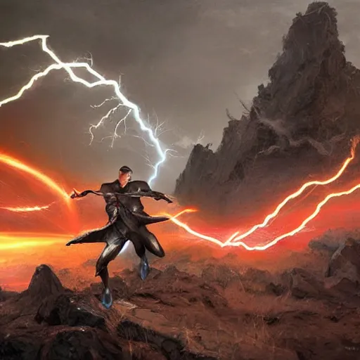 Prompt: a young slender man with short blonde hair blasting lightning bolts from his fingertips at his enemy in battle. detailed matte painting. masterpiece. 4 k. fantasy art. by craig mullins. franzetta. repin