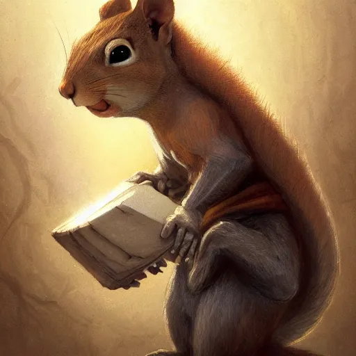 Prompt: a detailed portrait of a squirrel wizard holding an ancient book, by justin gerard and greg rutkowski, digital art, realistic painting, dnd, dungeons & dragons, character design, trending on artstation