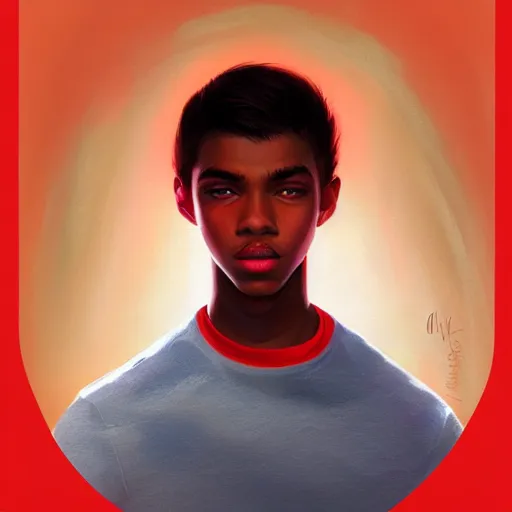 Image similar to colorful and festive captivating teenager with straight brown hair covering his eye, dark skin, big lips, big eyes, wearing a red t - shirt. rich vivid colors, ambient lighting, dynamic lighting, 4 k, atmospheric lighting, painted, intricate, highly detailed by charlie bowater