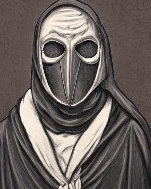 Prompt: portrait of a man in black hooded robes holding a plague doctor mask in hand, detailed art by greg rukowtski, detailed handsome face, stubble