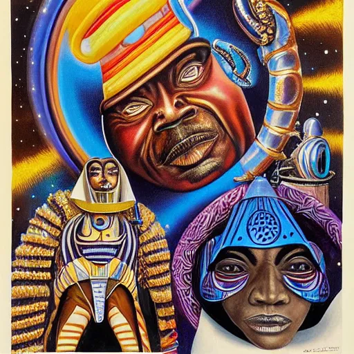 Image similar to beautiful lifelike painting of sun ra and his interstellar arkestra, hyperreal detailed facial features and uv lighting, art by ed roth and basil wolverton