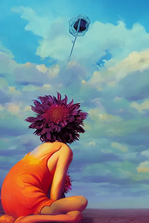 Image similar to closeup giant dahlia flower head, girl sitting on beach, surreal photography, blue sky, sunrise, dramatic light, impressionist painting, digital painting, artstation, simon stalenhag