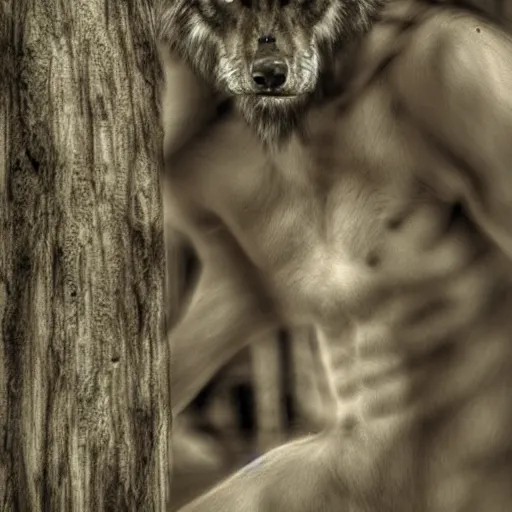 Image similar to human wolf werecreature, wolf torso, photograph captured at woodland creek