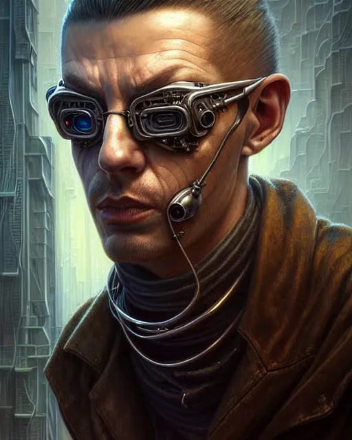 Image similar to front shot of a cyberpunk criminal mastermind character, intricate, elegant, highly detailed, centered, digital painting, artstation, concept art, smooth, sharp focus, illustration, artgerm, Tomasz Alen Kopera, Peter Mohrbacher, donato giancola, Joseph Christian Leyendecker, WLOP, Boris Vallejo, mugshot!!!!!, ugly!!!!!!