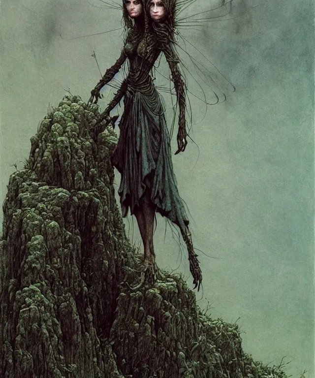 Image similar to a detailed mosquitowoman stands among the hills. wearing a ripped mantle, robe. perfect faces, gnats, extremely high details, realistic, fantasy art, solo, masterpiece, art by zdzislaw beksinski, arthur rackham, dariusz zawadzki