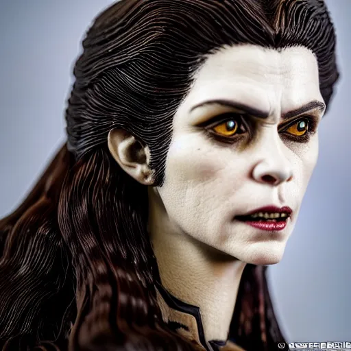 Image similar to photo taken of an epic intricate, ultra detailed, super realistic bust of a majestic gracious regal aristocratic brunette female vampire created by weta workshop, menacing, some zoomed in shots, photorealistic, sharp focus, white wall, extremely cold blueish colour temperature, 3 5 mm, f 1. 4, golden ratio