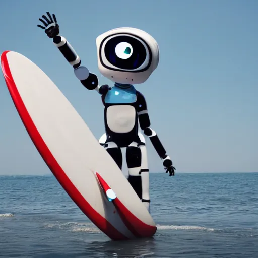 Prompt: A cute humanoid robot with one eye bigger than the other and two antennas, wearing a sailor top with horizontal black and white stripes, on a surfboard surfing a barrel wave, digital art