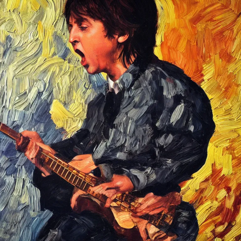 Prompt: warmly lit close up studio portrait of young furiously angry! Paul McCartney in 1965 singing, impasto oil painting thick brushstrokes by Lucian Freud and Cy Twombly and Tim Hawkinson , trending on artstation dramatic lighting Expressionism