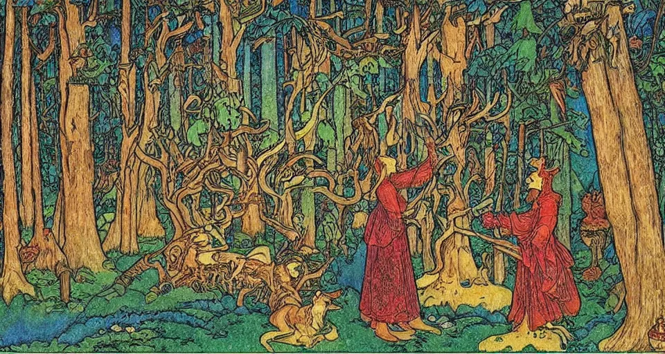 Image similar to Enchanted and magic forest, by Ivan Bilibin,