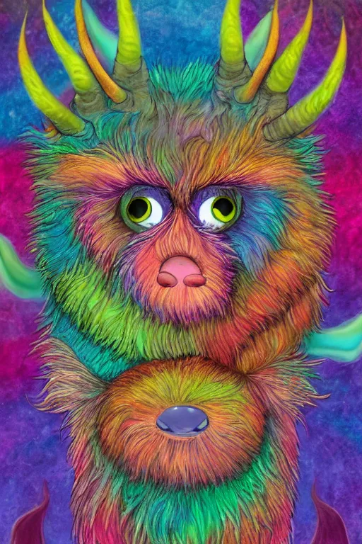 Prompt: a multicolored furry monster with a fuzzy horns, a character portrait by jim henson, behance contest winner, psychedelic art, behance hd, irridescent, colorful, centered, matte background