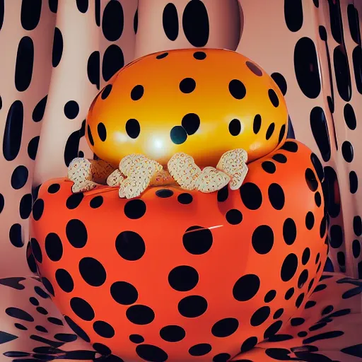 Image similar to yayoi kusama locked in an infiniti room cosplay jeff koons ballon dog, nendroid, art by wgreg rutkowski. during golden hour. extremely reflective.