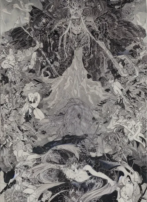 Image similar to battle between good and evil , battle between angels and demons, by and Austin Osman Spare and Takato Yamamoto and Yoshitaka Amano, high resolution, ultra detailed