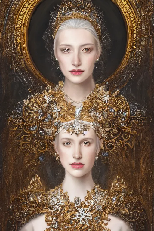 Image similar to full - body - portrait of a beautiful stunning peaceful majestic ice queen wearing intricate jewelry, oil on canvas, baroque style, perfect symmetrical face, mood lighting, ornate and elegant, winter, philosophical, dreamlike, ethereal, painterly, 🌚, digital art, detailed, trending on artstation