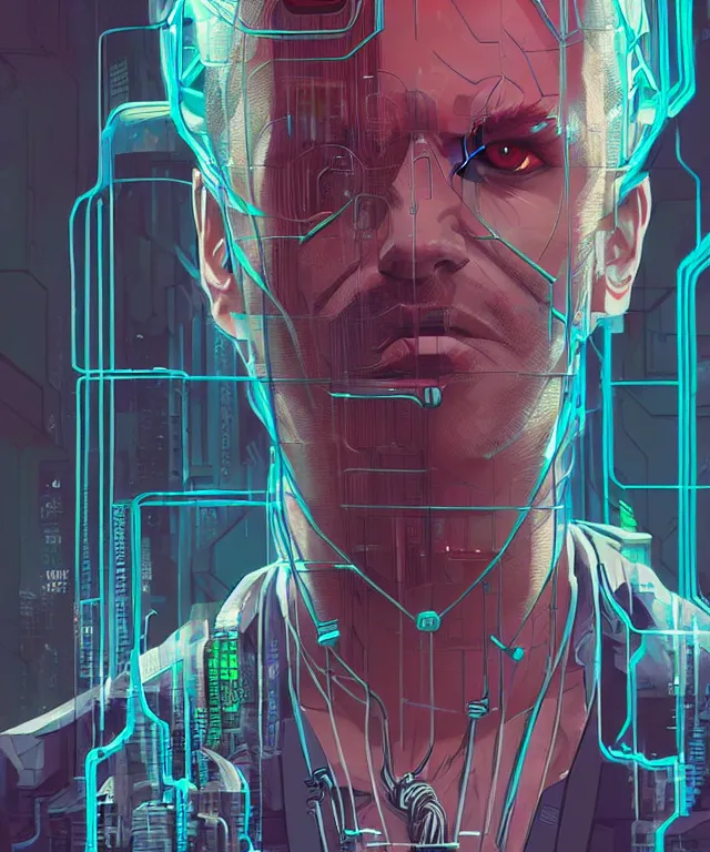 Image similar to a portrait of a male cyberpunk netrunner made of cables, fantasy, elegant, digital painting, artstation, concept art, matte, sharp focus, illustration, art by josan gonzalez