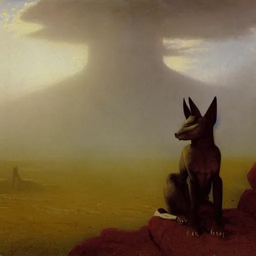 Image similar to Anubis scowling at the viewer, the background a gloomy fog rolling over the plains illustrated by Albert Bierstadt