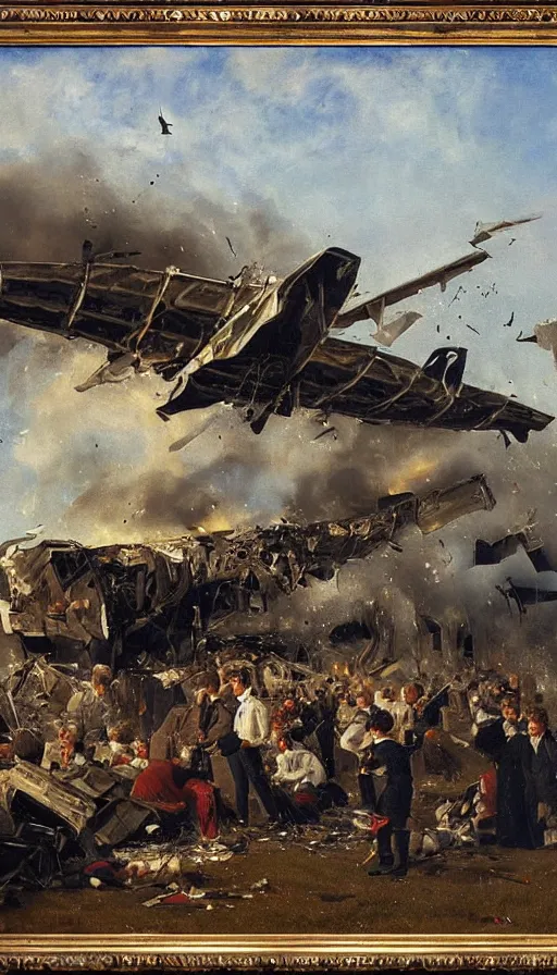 Image similar to painting of airplane crashing into birthday party, by Peder Krøyer, dramatic lighting, golden hour, epic, intricate detail, canvas print