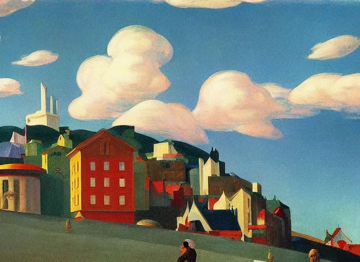 Prompt: alpine village, clouds, bird, open ceiling, strange foreign objects, oil painting by edward hopper, chirico and rene magritte