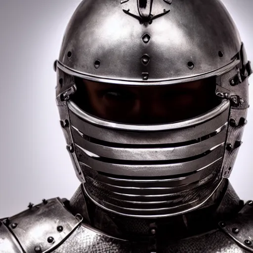 Image similar to portrait of a knight in armor, studio lighting, dark background, open helmet with face visible, photorealistic style