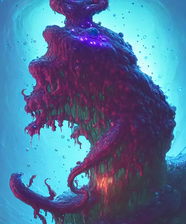 Image similar to an ooze slime creature made of bioluminescence, fantasy, elegant, crisp 8 k line work, rim light, digital painting, artstation, unreal engine, octane render, concept art, matte, sharp focus, illustration, art by james jean and justin gerard and josan gonzalez