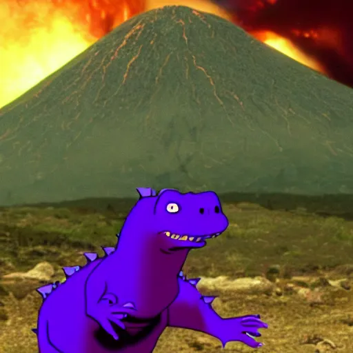 Prompt: barney the purple dinosaur burns in the lava of mount doom clutching the one ring