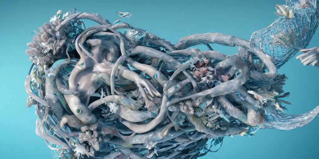 Prompt: a sculpture of ocean fish intertwined, a lovely cornucopia of flowers and human body parts, body parts, highly detailed, octane render, cinematic ， - h 7 6 8