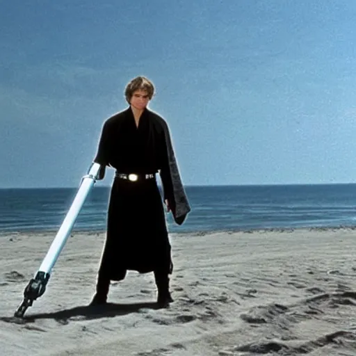 Image similar to Anakin Skywalker!!!, vacuuming on a beach, still from star wars,